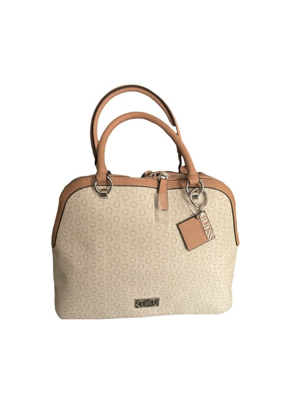 Guess Signature Logo Menville Satchel Crossbody Handbag Tan & White